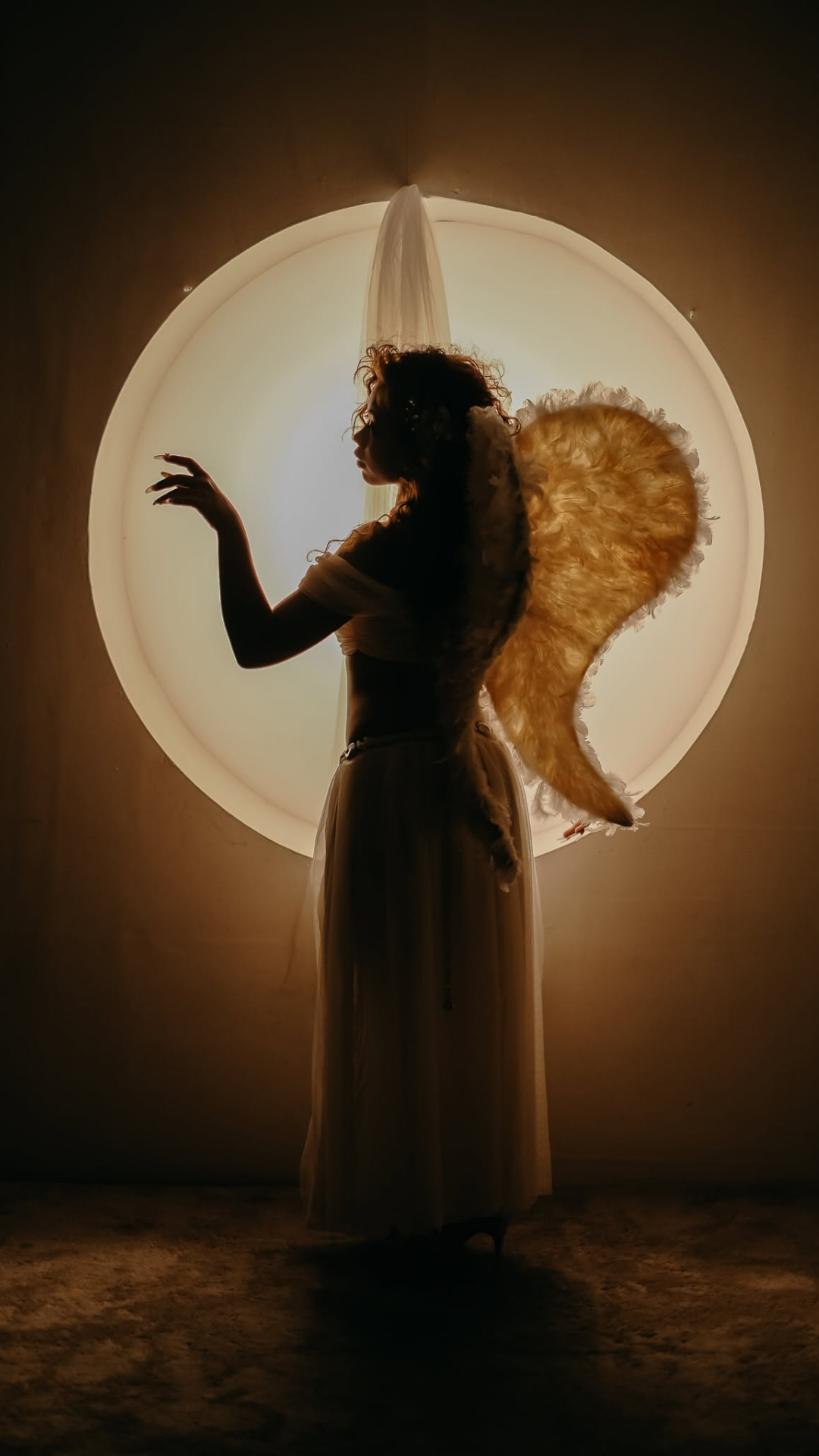 Dhafney in silhouette with wings