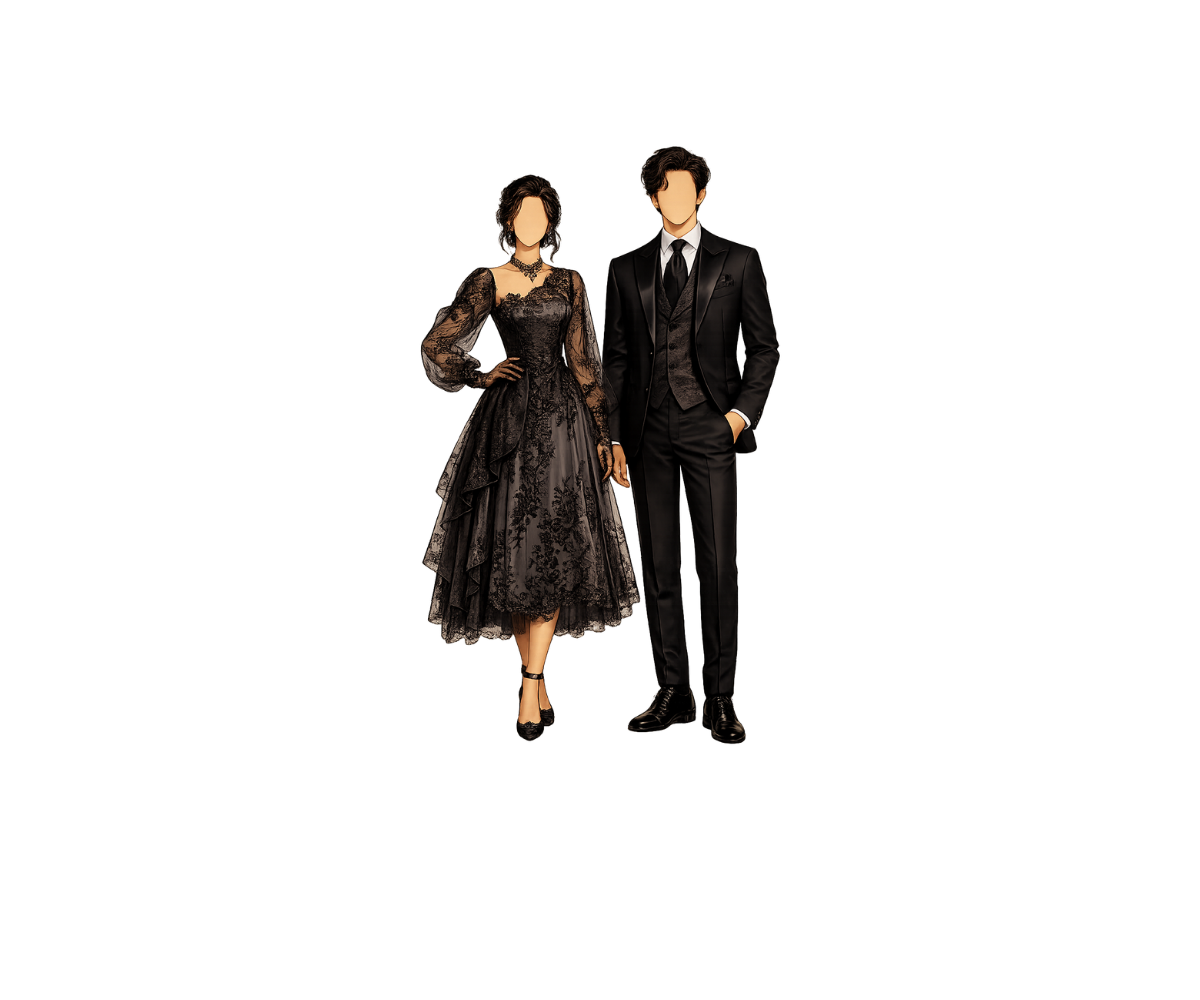 Gothic formal dress code: black formal gown and black suit